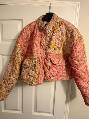 7 For All Mankind Pink & Yellow Quilted Floral Crop Jacket